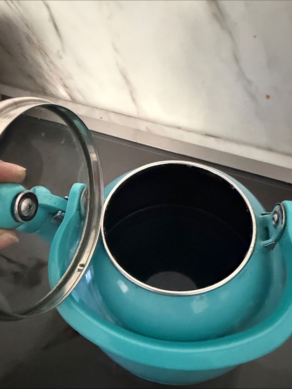 Enamel Turquoise Whistling Tea Kettle with Comfort Handle - Picture 4 of 6